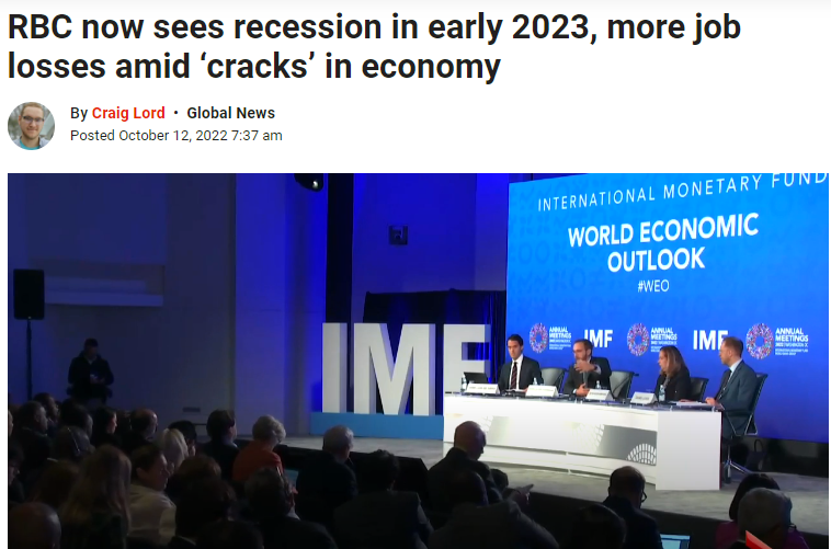 加拿大皇家银行目前预计2023年初将出现经济衰退，将导致更多失业！