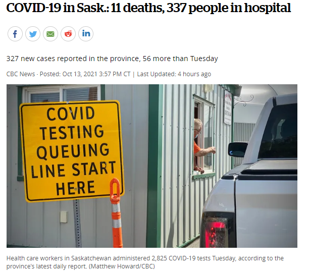 今日萨省新冠肺炎：327 例新病例 11人死亡，还有几个重症监护病人就要启动分诊方案！