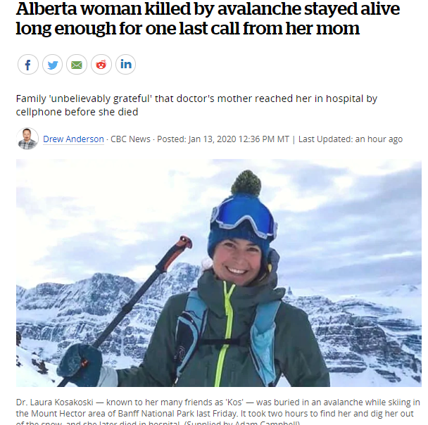 悲剧-艾伯塔省一名家庭年轻女医生滑雪时遇雪崩，遭活埋不幸遇难！