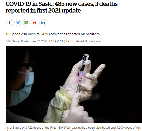 萨省新冠肺炎: 2021年第一次更新报告了485例新病例，3例死亡！