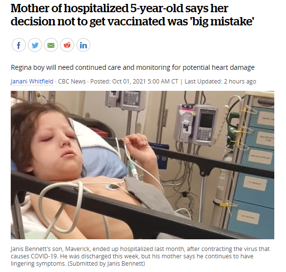 今日萨省新冠肺炎报告了 470例新病例和5例死亡！5岁孩子因冠状病毒住院，母亲表示她不接种疫苗的决定是一个“大错误”！